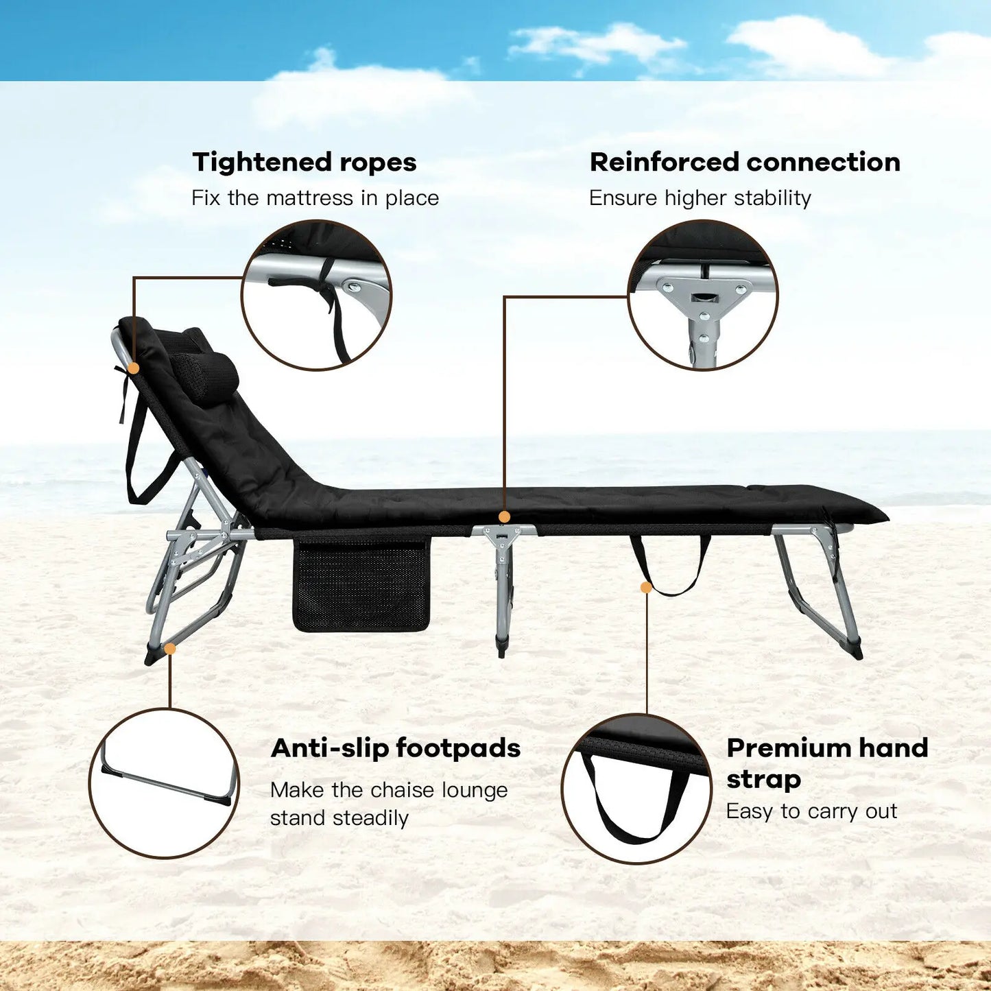 Reclining 4-Fold Oversize Padded Folding Chaise Lounge Chair
