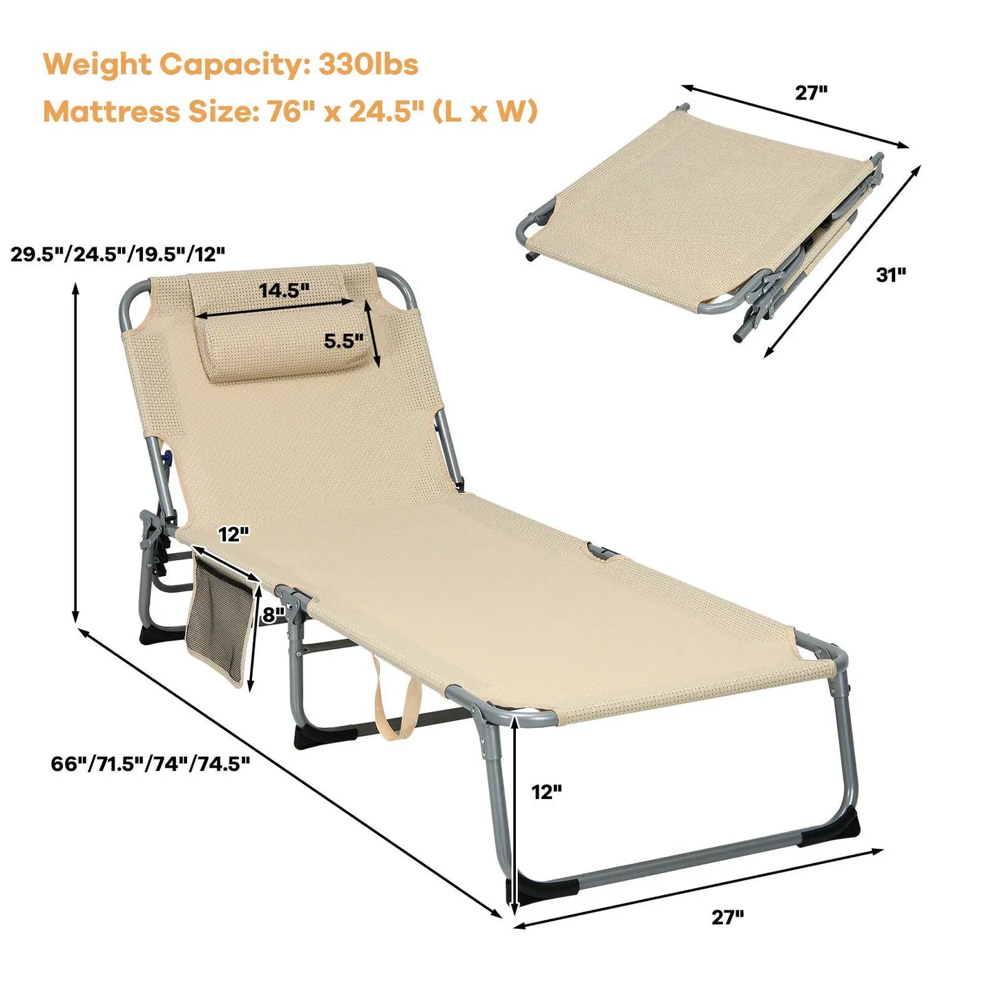 Reclining 4-Fold Oversize Padded Folding Chaise Lounge Chair