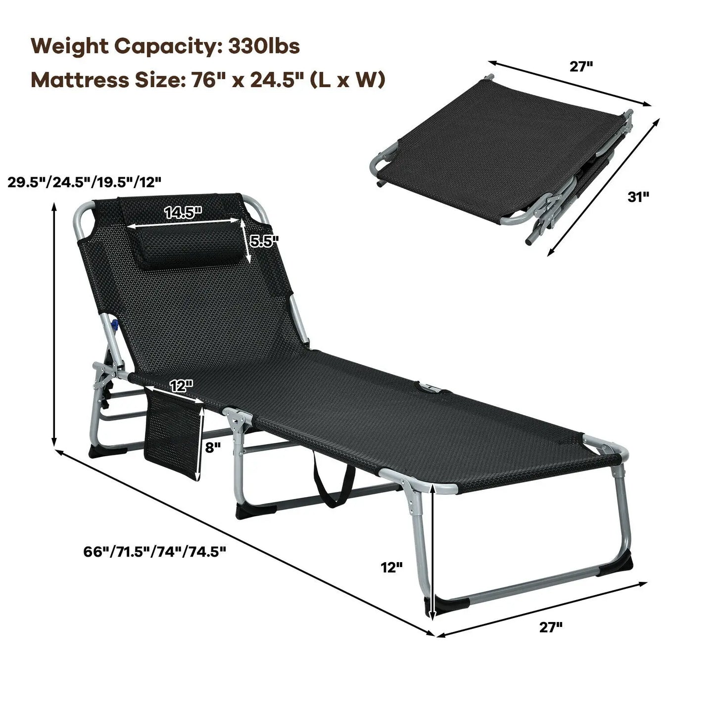 Reclining 4-Fold Oversize Padded Folding Chaise Lounge Chair