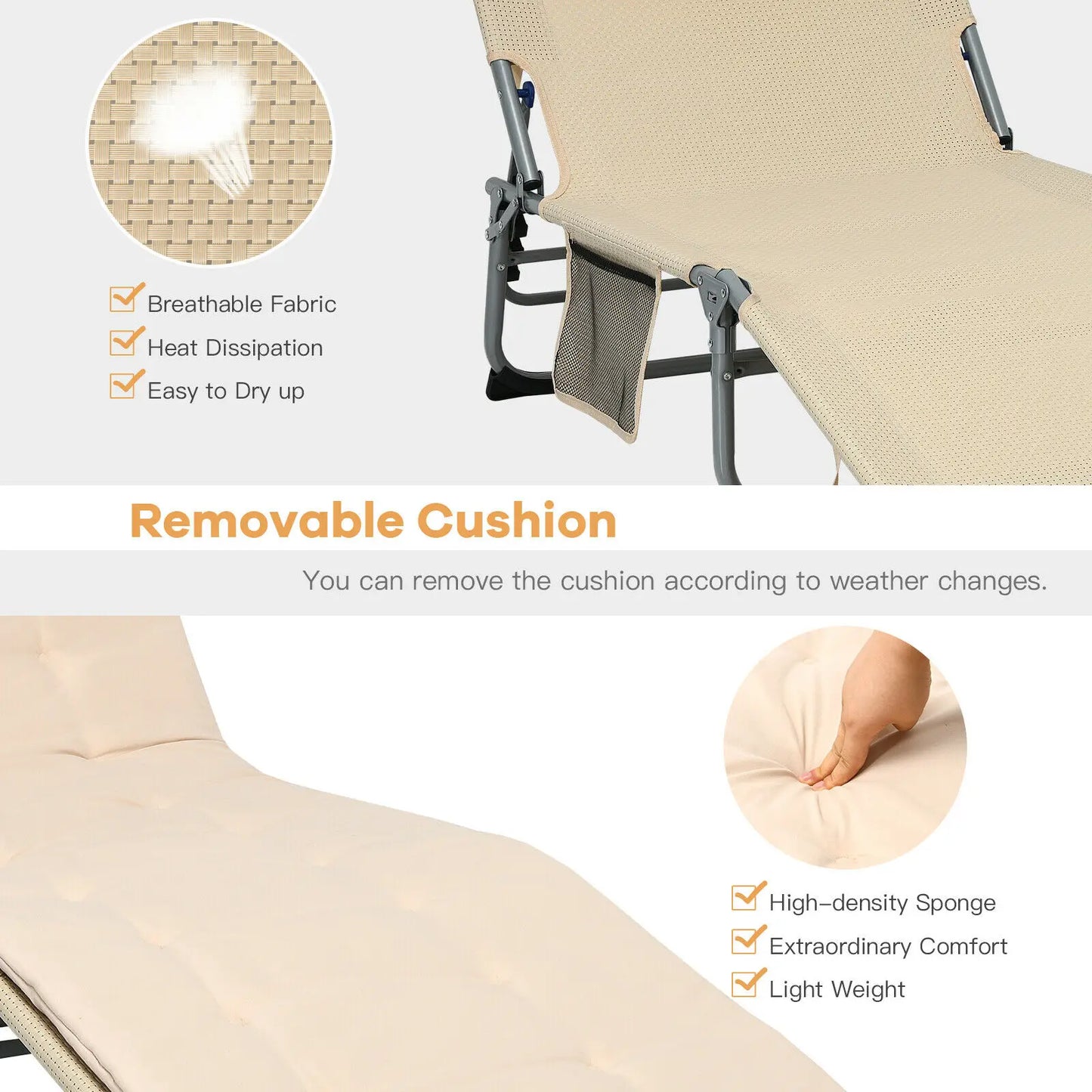 Reclining 4-Fold Oversize Padded Folding Chaise Lounge Chair