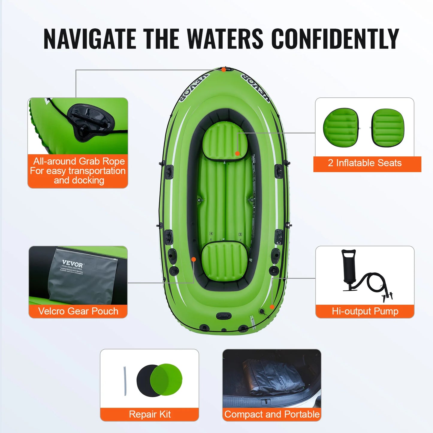 Inflatable Boat 4-Person Fishing Boat Strong PVC Portable Boat Raft Kayak 45.6" Aluminum Oars High-Output Pump