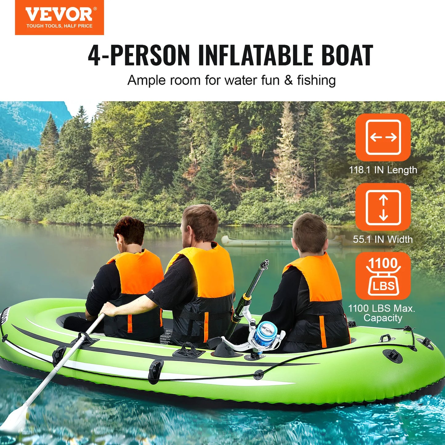 Inflatable Boat 4-Person Fishing Boat Strong PVC Portable Boat Raft Kayak 45.6" Aluminum Oars High-Output Pump