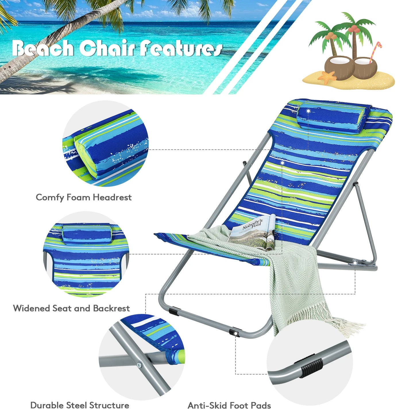 Portable 3-Position Lounge Chair w/ Headrest Blue