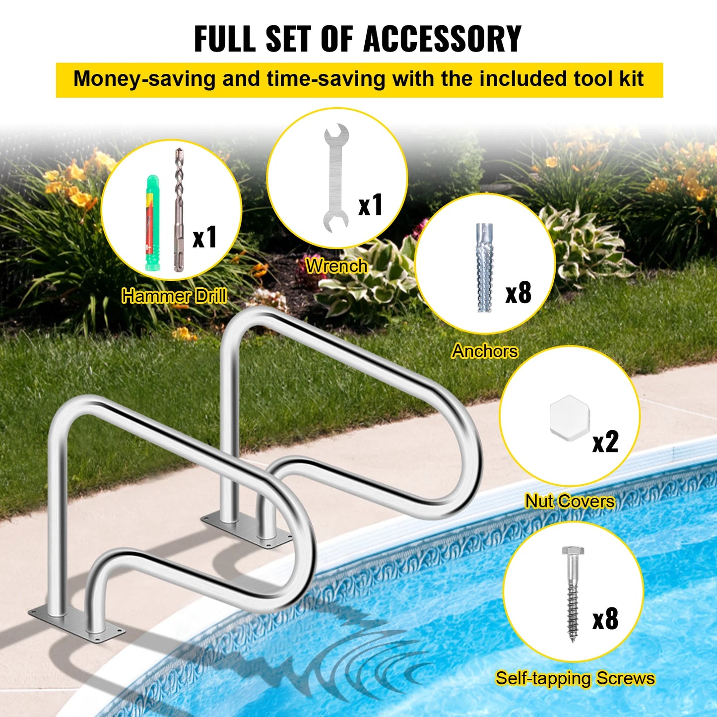 32 x 22.5 Swimming Pool Stair Rail w/ Mount Base Plate & Complete Mounting Accessories for Yard