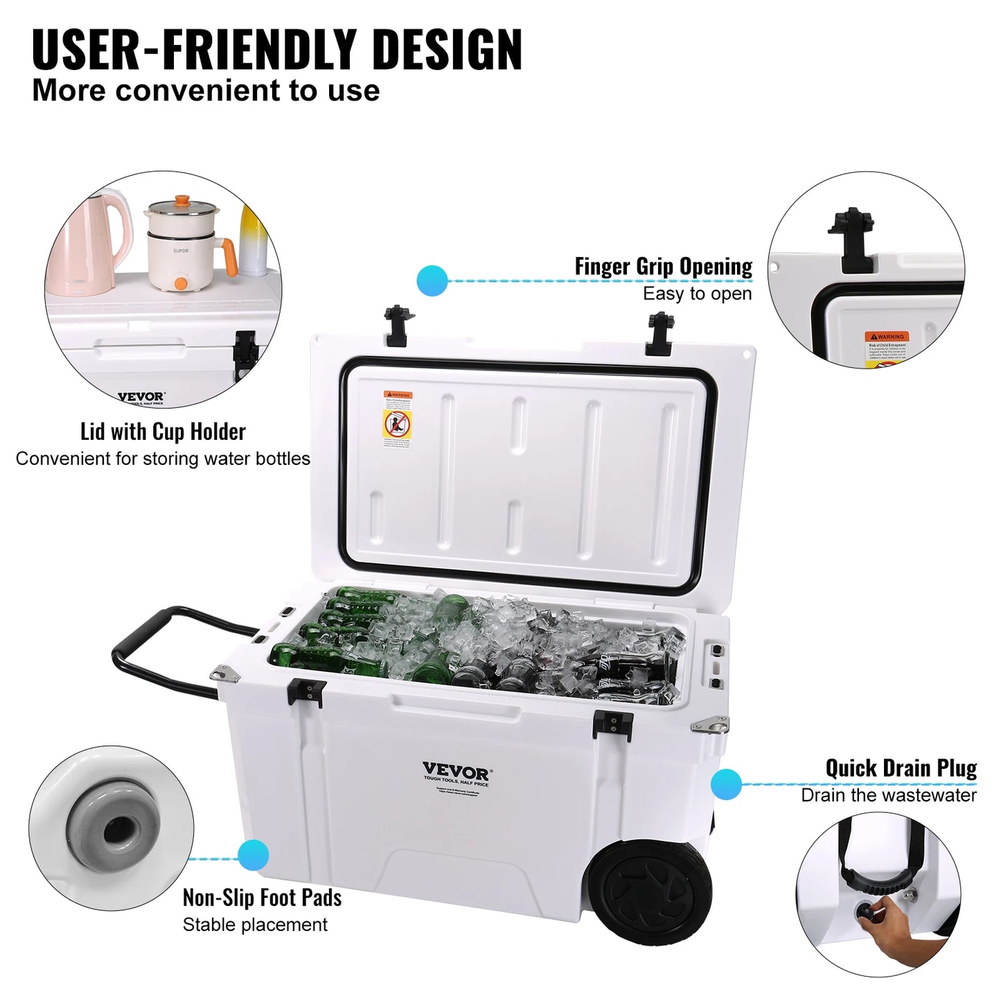 Insulated Portable Cooler with Wheels, Holds 65 Cans