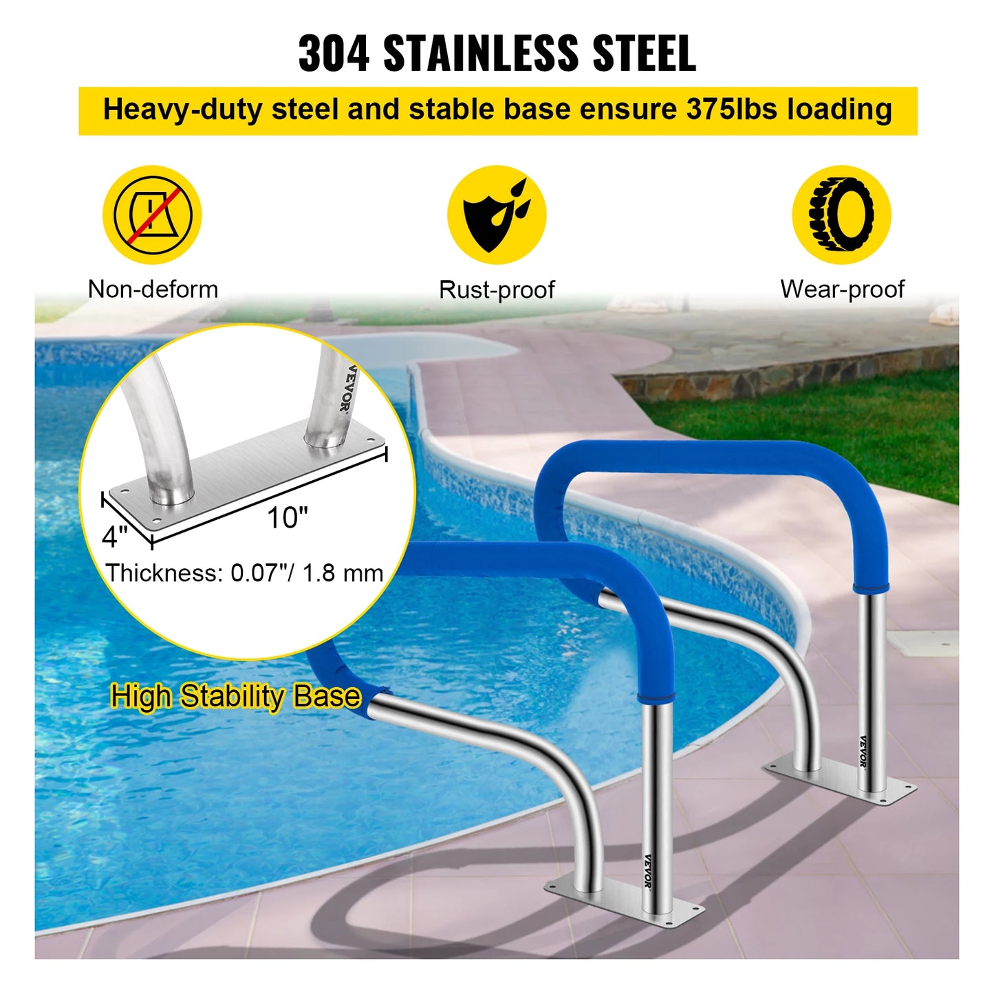 32 x 22.5 Swimming Pool Stair Rail w/ Mount Base Plate & Complete Mounting Accessories for Yard