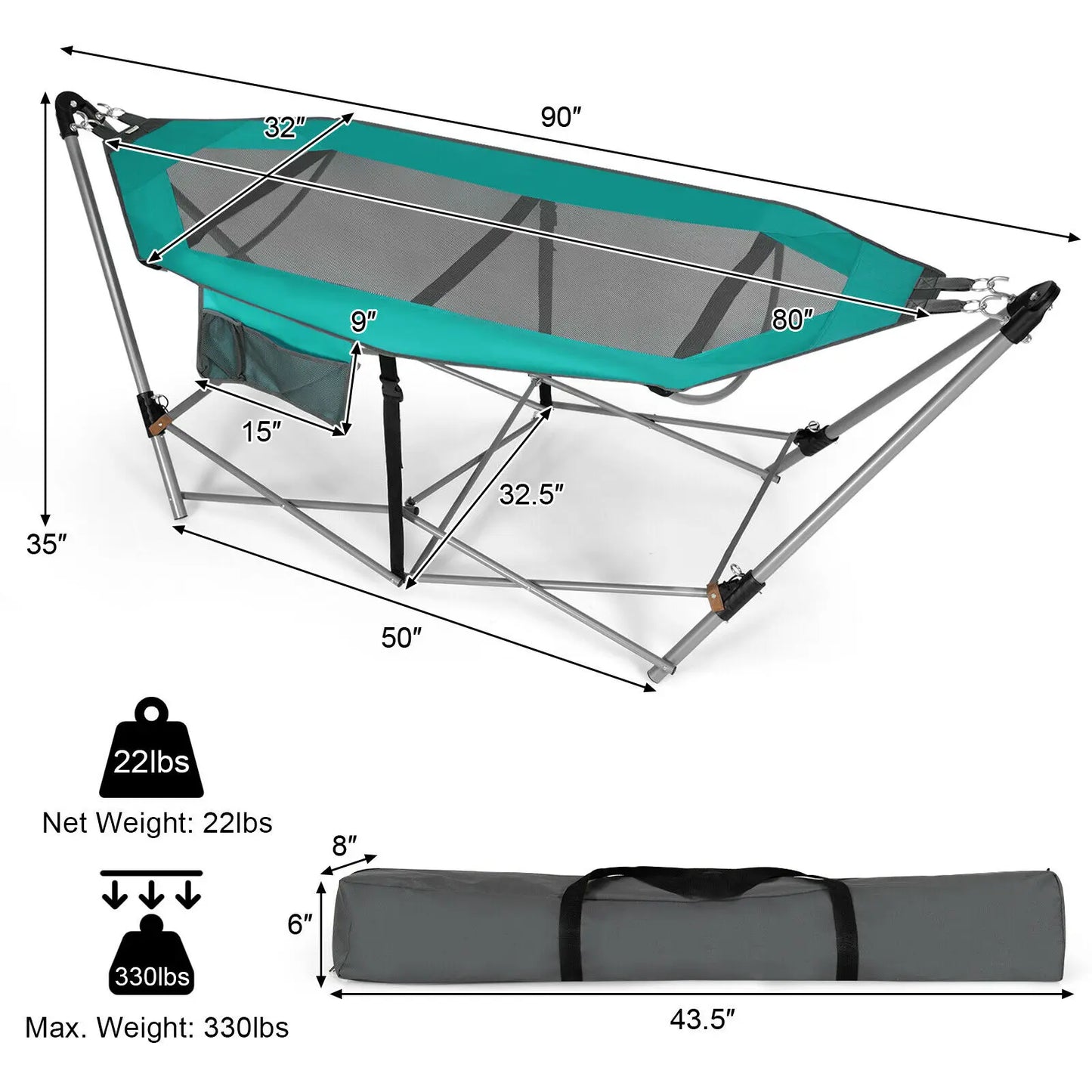 Folding Hammock with Side Pocket & Iron Stand