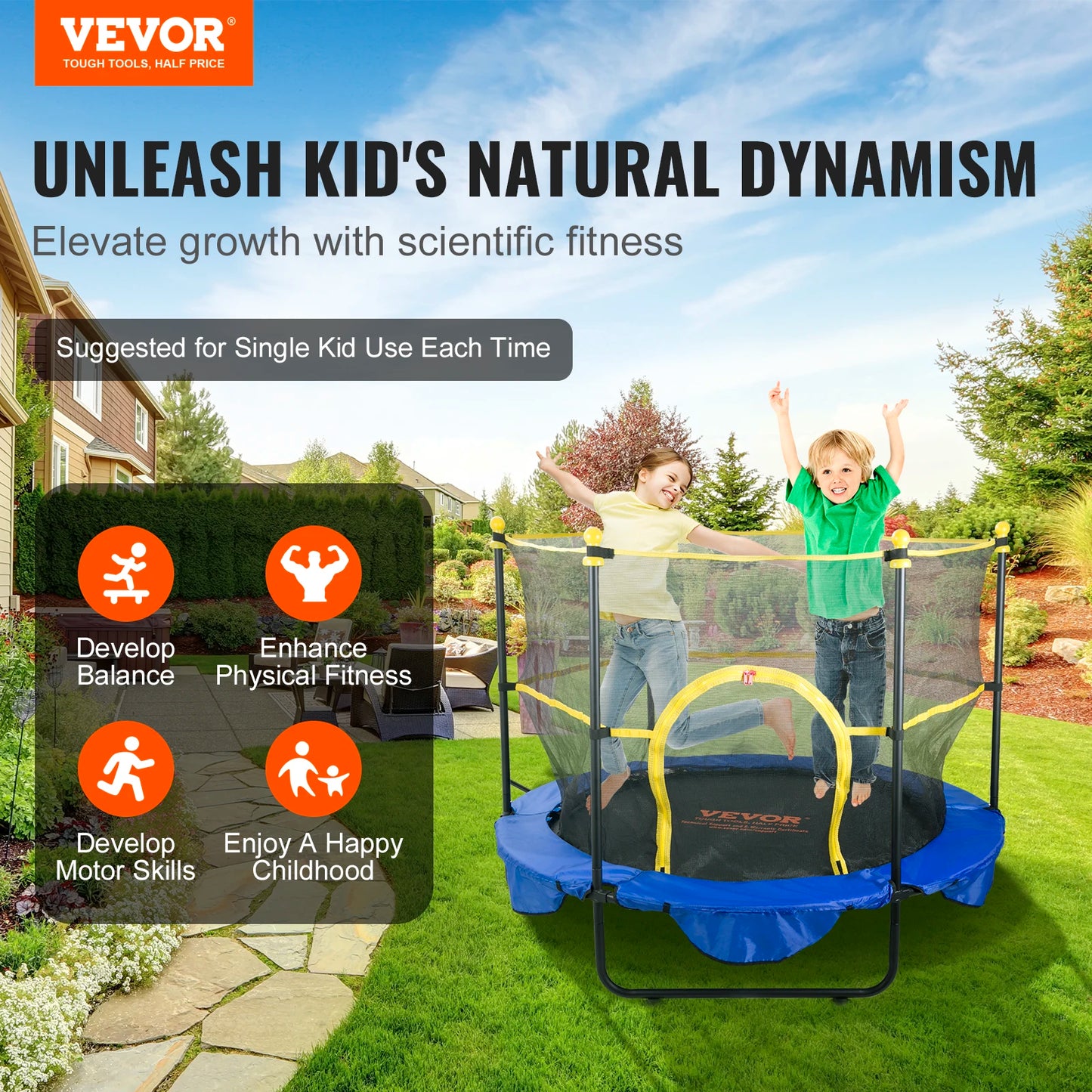 Kids 60" Indoor Outdoor Trampoline with Safety Net