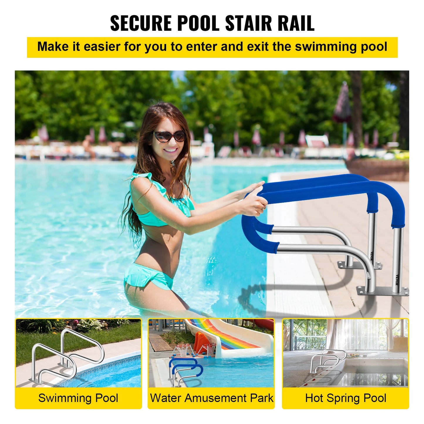 32 x 22.5 Swimming Pool Stair Rail w/ Mount Base Plate & Complete Mounting Accessories for Yard