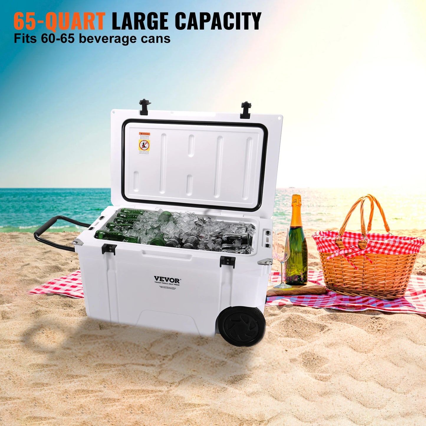 Insulated Portable Cooler with Wheels, Holds 65 Cans