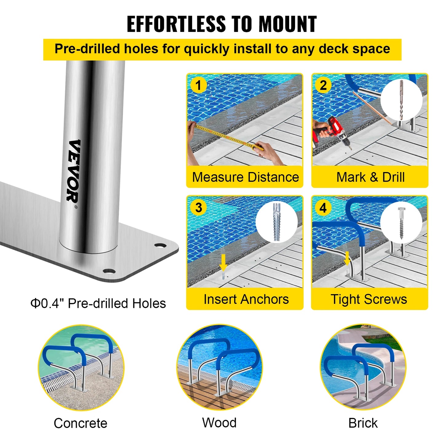 32 x 22.5 Swimming Pool Stair Rail w/ Mount Base Plate & Complete Mounting Accessories for Yard