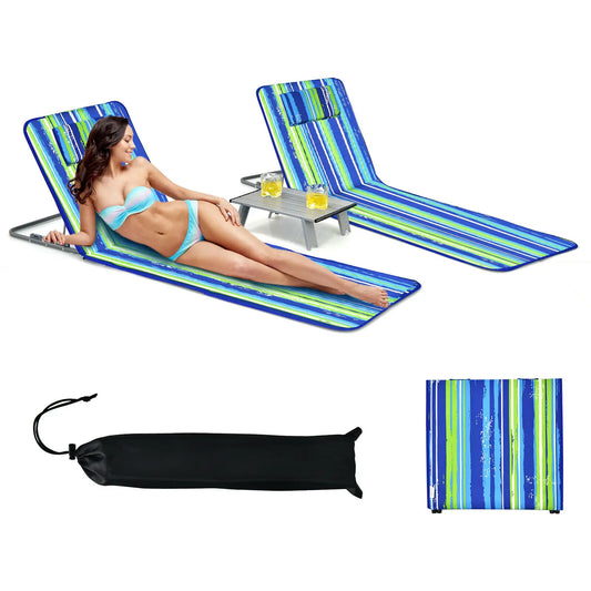 3-Piece Beach Lounge Chair Mat Set 2 Adjustable Lounge Chairs with Table Stripe