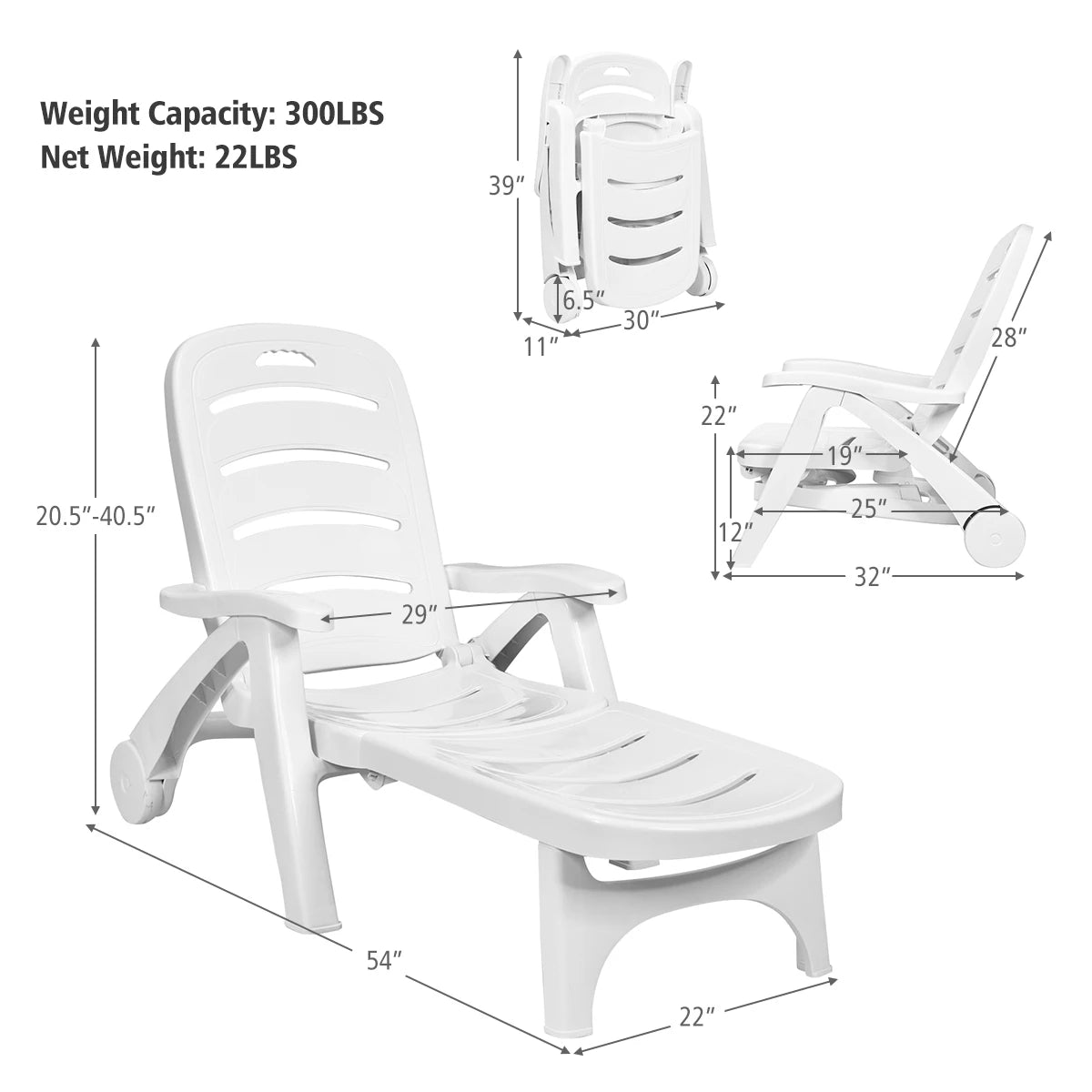 Adjustable Chaise Lounge Chair 5-Position Folding Recliner