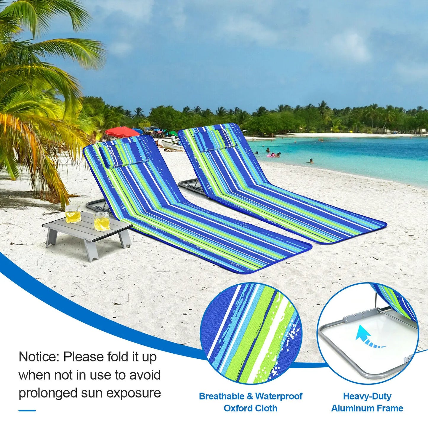 3-Piece Beach Lounge Chair Mat Set 2 Adjustable Lounge Chairs with Table Stripe