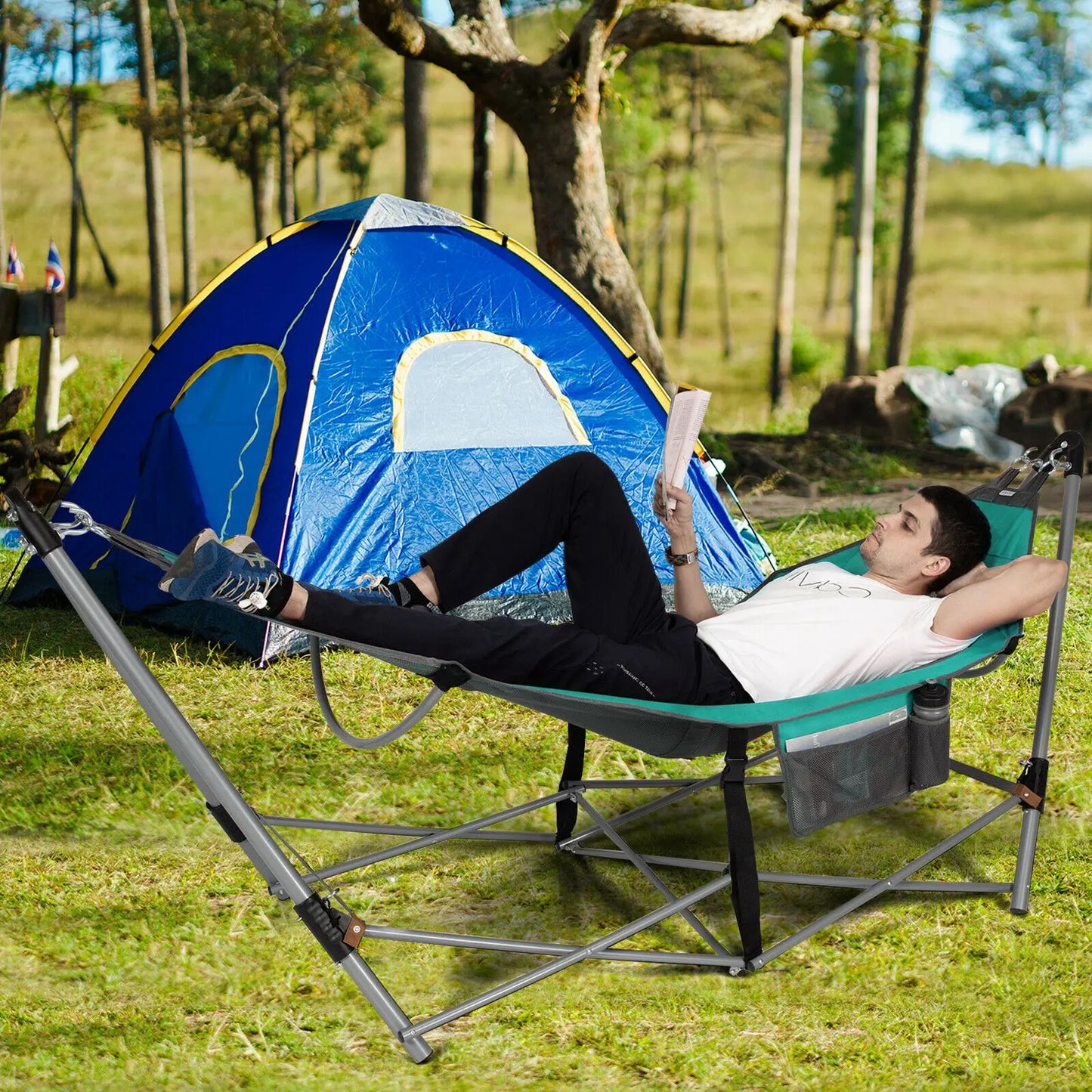 Folding Hammock with Side Pocket & Iron Stand