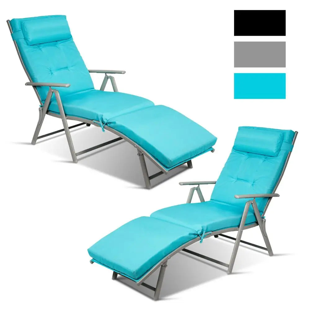 2PCS Outdoor Folding Chaise Lounge Chair Lightweight Recliner w/Cushion