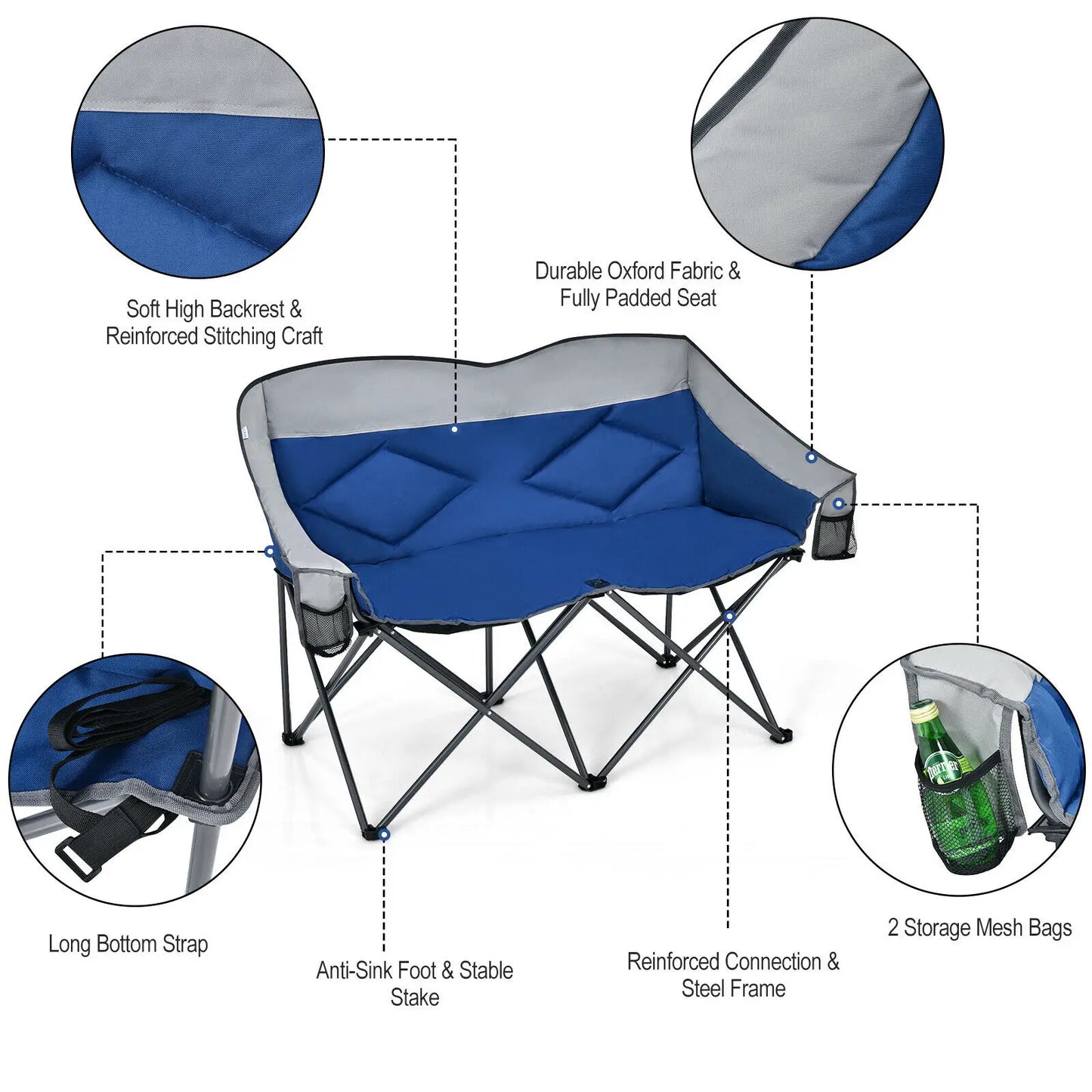 Folding Camping Loveseat w/ Bags & Padded Backrest